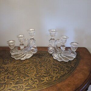 Two (2) Vintage Cambridge Caprice 3 Light Candelabra Clear Glass Candle Holders